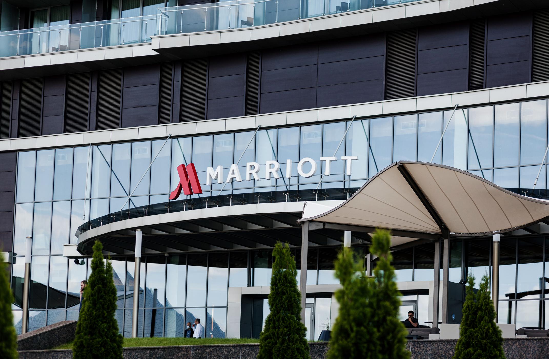Exterior of a Marriott hotel.