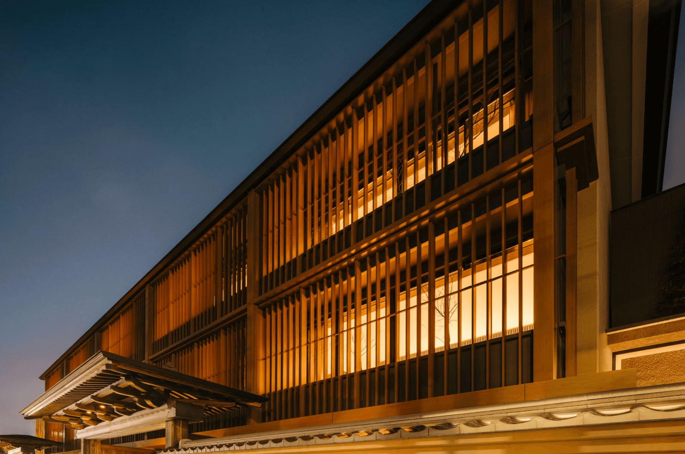 Exterior of the Six Senses Kyoto at night.