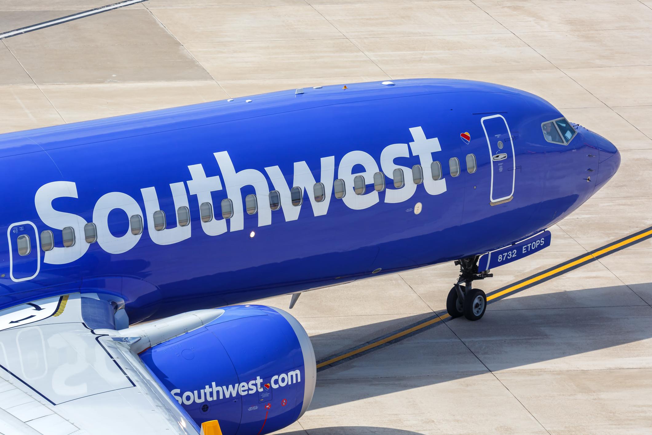 Southwest Boeing 737-8 MAX airplane at Dallas Love Field Airport (DAL) in the United States.