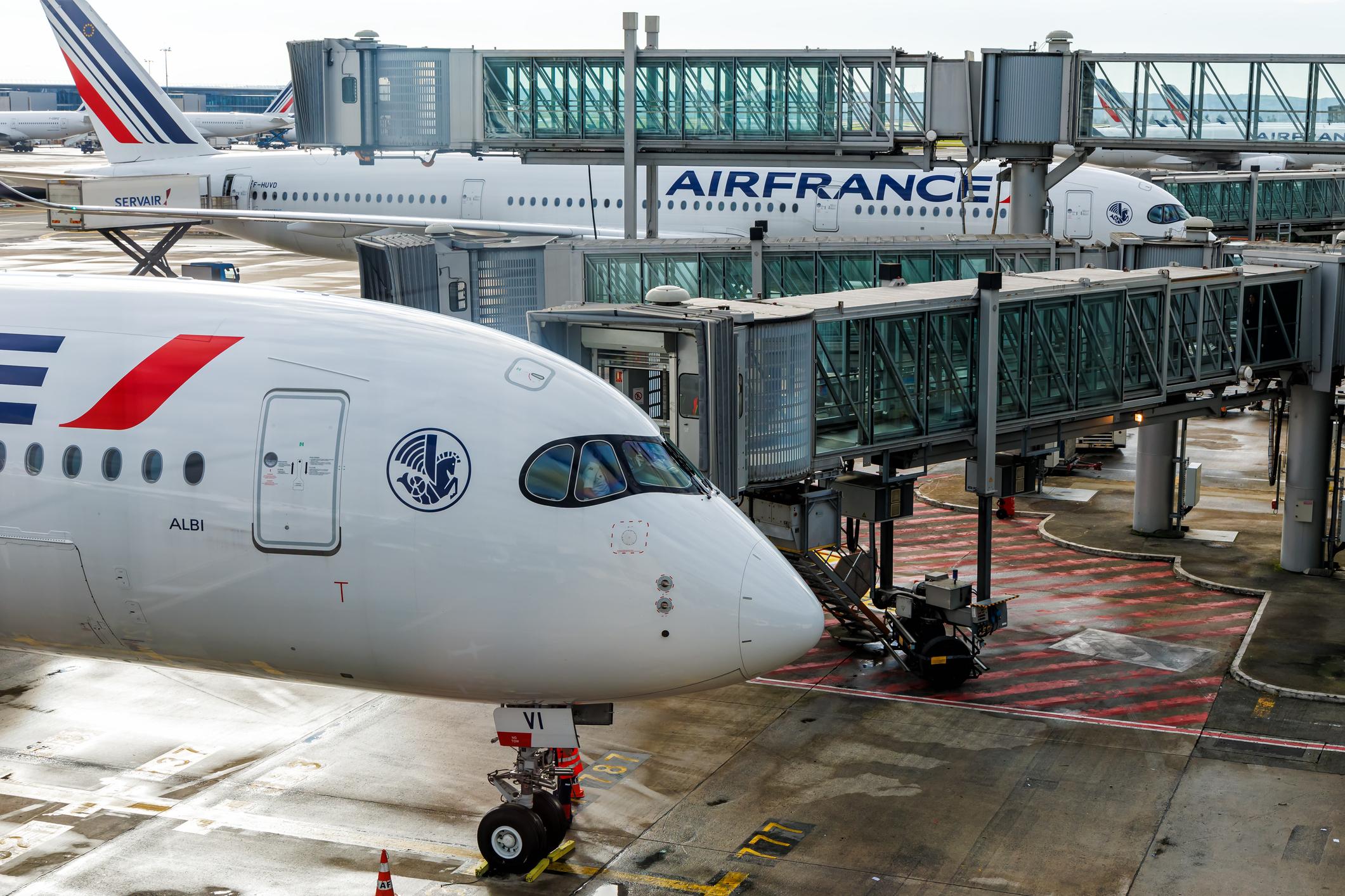 Air France airplanes at Charles de Gaulle Airport in Paris, France.