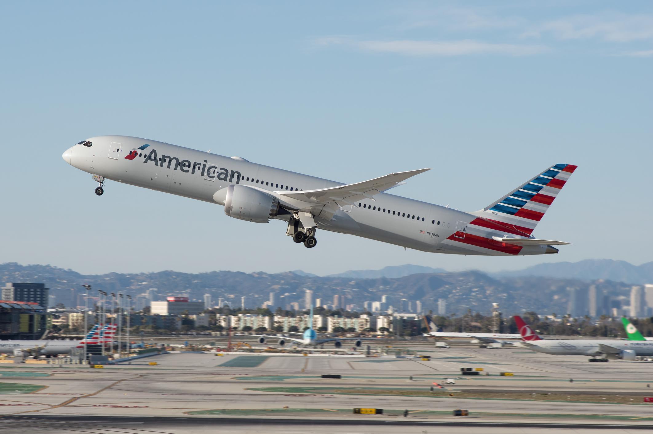 An American Airlines Dreamliner is shown shortly after take off from the Los Angeles International Airport (LAX).
