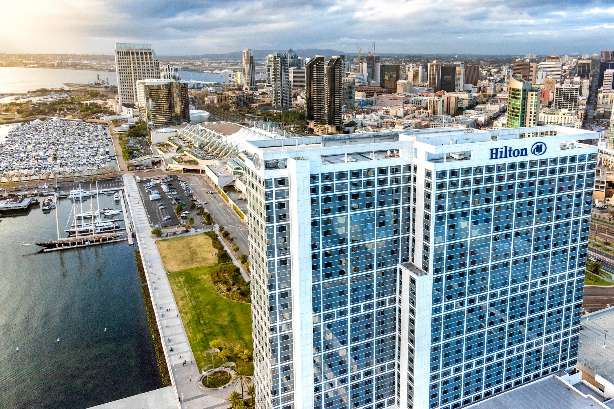 San Diego, United States - January 15, 2016: Aerial view of the Hilton Hotel, San Diego Bayfront, located in downtown San Diego shot from an altitude of about 800 feet during a helicopter photo flight.