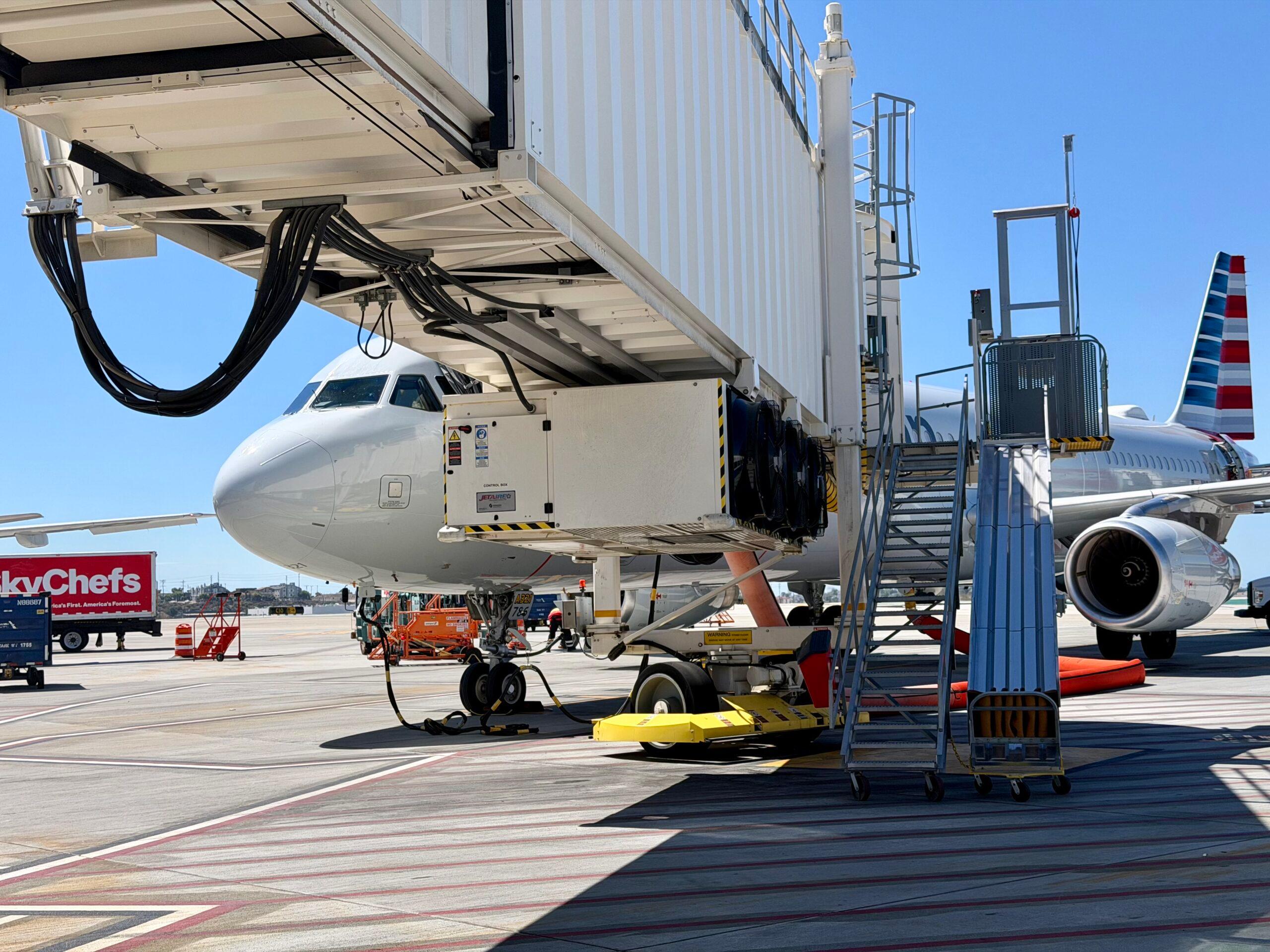 Ground-level view of an American Airlines A321T at LAX.