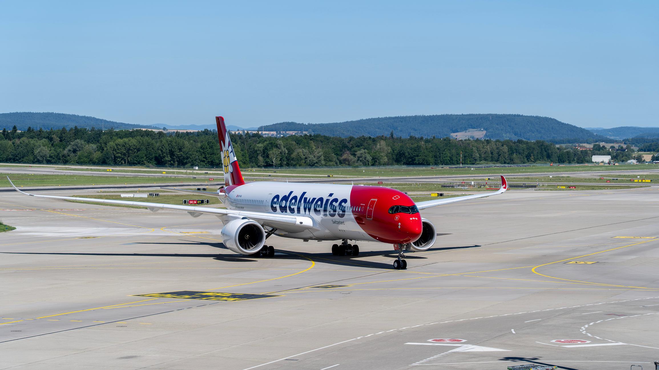 Edelweiss Airbus A350 is taxiing at ZRH Zurich international airport