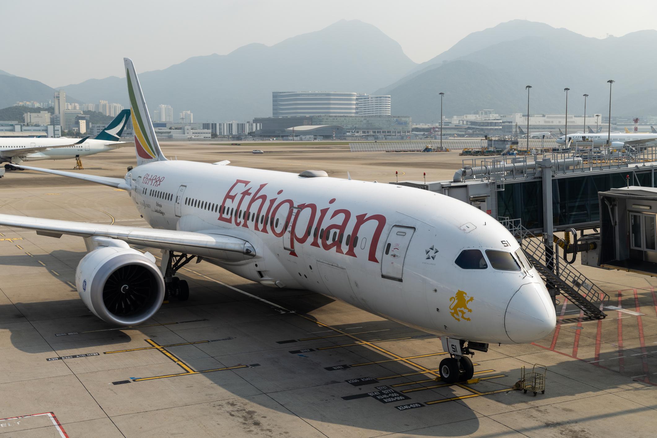 Hong Kong - April 1, 2025 : Ethiopian Airlines Boeing 787-8 Dreamliner at the Hong Kong International Airport.