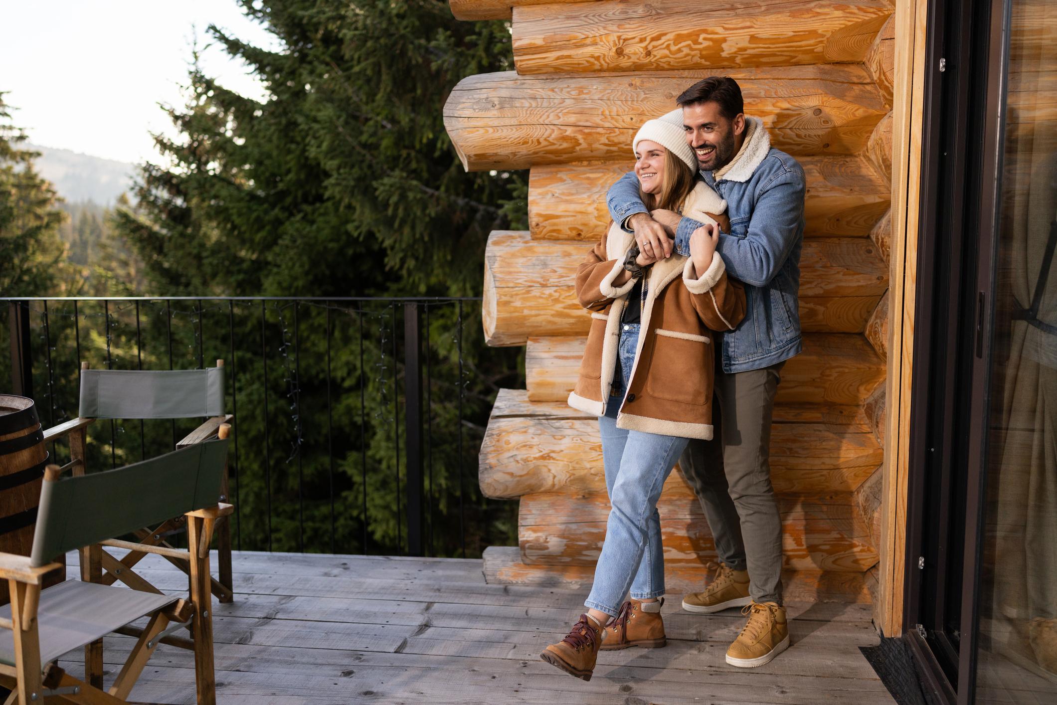 Full length shot of happy mid adult couple in warm clothing standing and enjoying fresh air on mountain hotel balcony