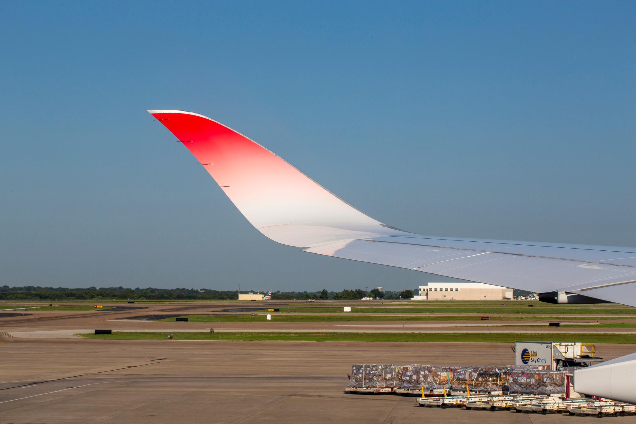Wing tip of Japan Airlines Airbus A350-1041 aircraft with registration JA01WJ at Dallas/Fort Worth International Airport in June 2024