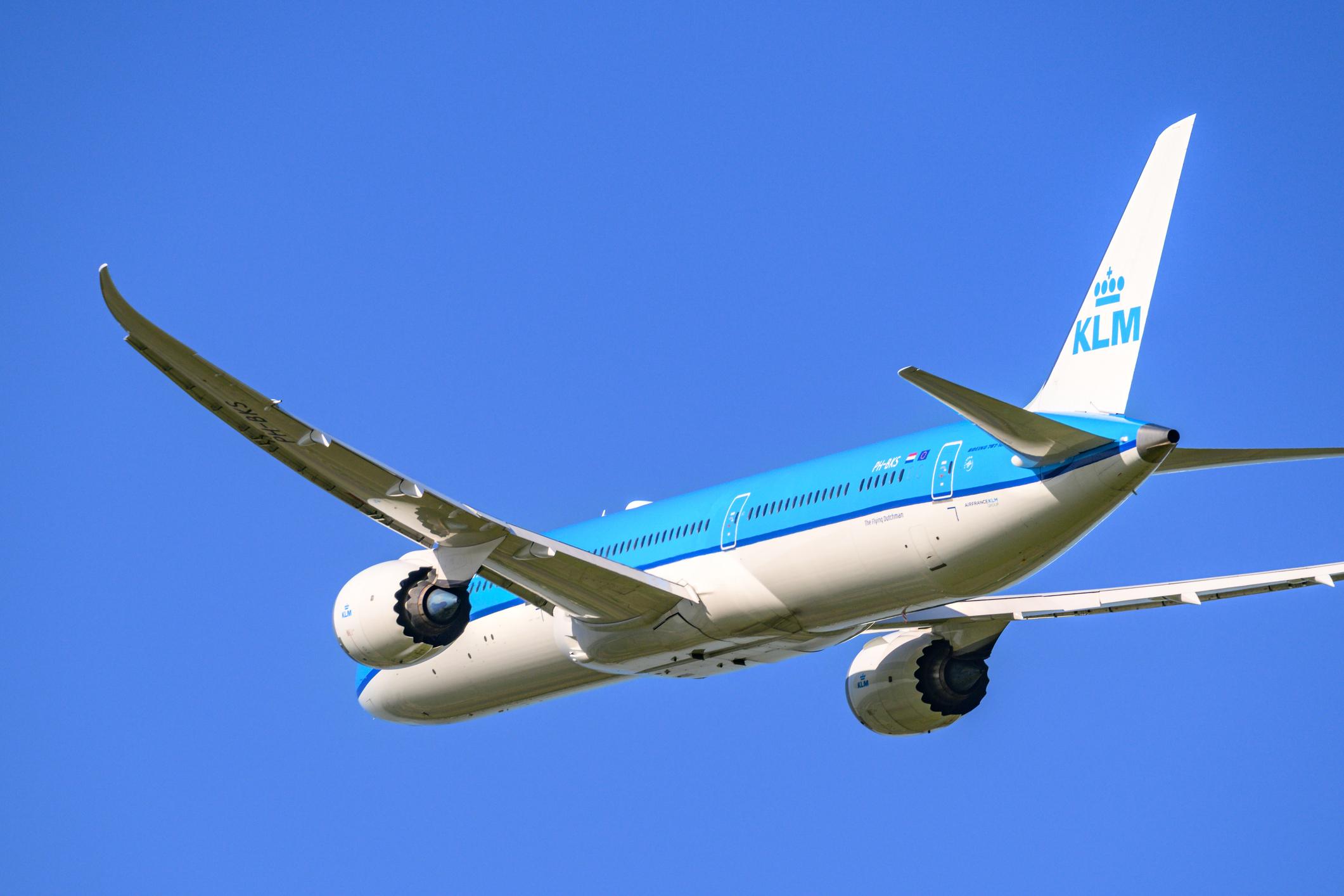 KLM Boeing 787 Dreamliner airplane taking off from Schiphol airport on the Polderbaan. KLM stands for Koninklijke Luchtvaart Maatschappij, Royal Dutch Airlines and is part of Air France–KLM. The Boeing 787 alos called Dreamliner is a wide-body jet airliner by American manufacturer Boeing Commercial Airplanes. Schiphol is one of the busiest and largest airports in Europe, located near Amsterdam, Netherlands. It serves as a major hub for international flights and is a key gateway to Europe.