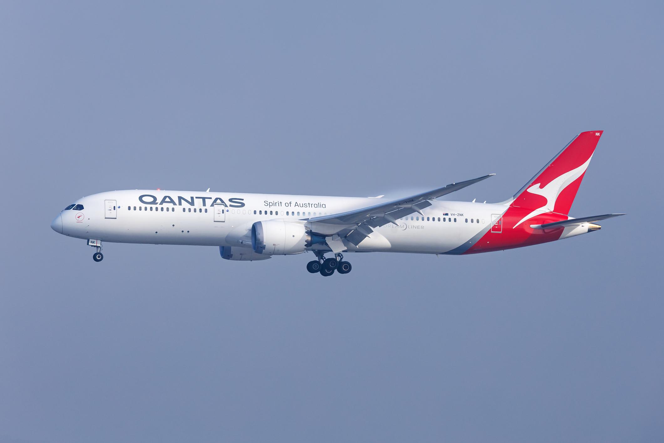 Qantas Boeing 787-9 Dreamliner airplane at Los Angeles Airport in the United States.