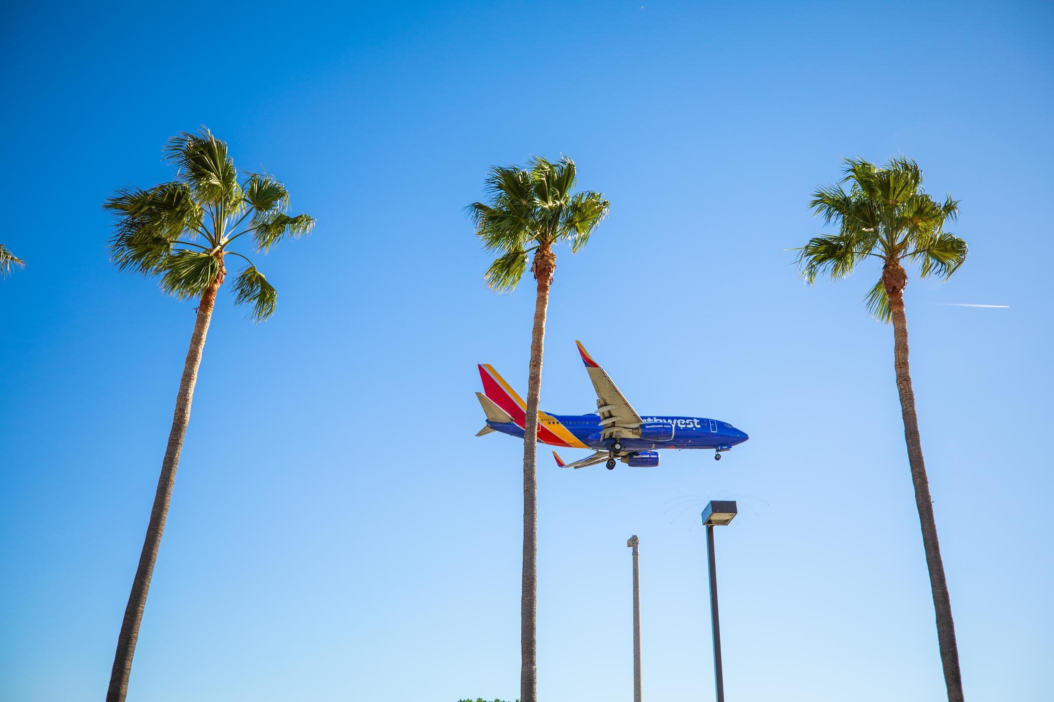 Los Angeles, United States - October 20th, 2018: Southwest Airlines landing at LAX (Tom Bradley International Airport) in Los Angeles at mid day. Seen from below.