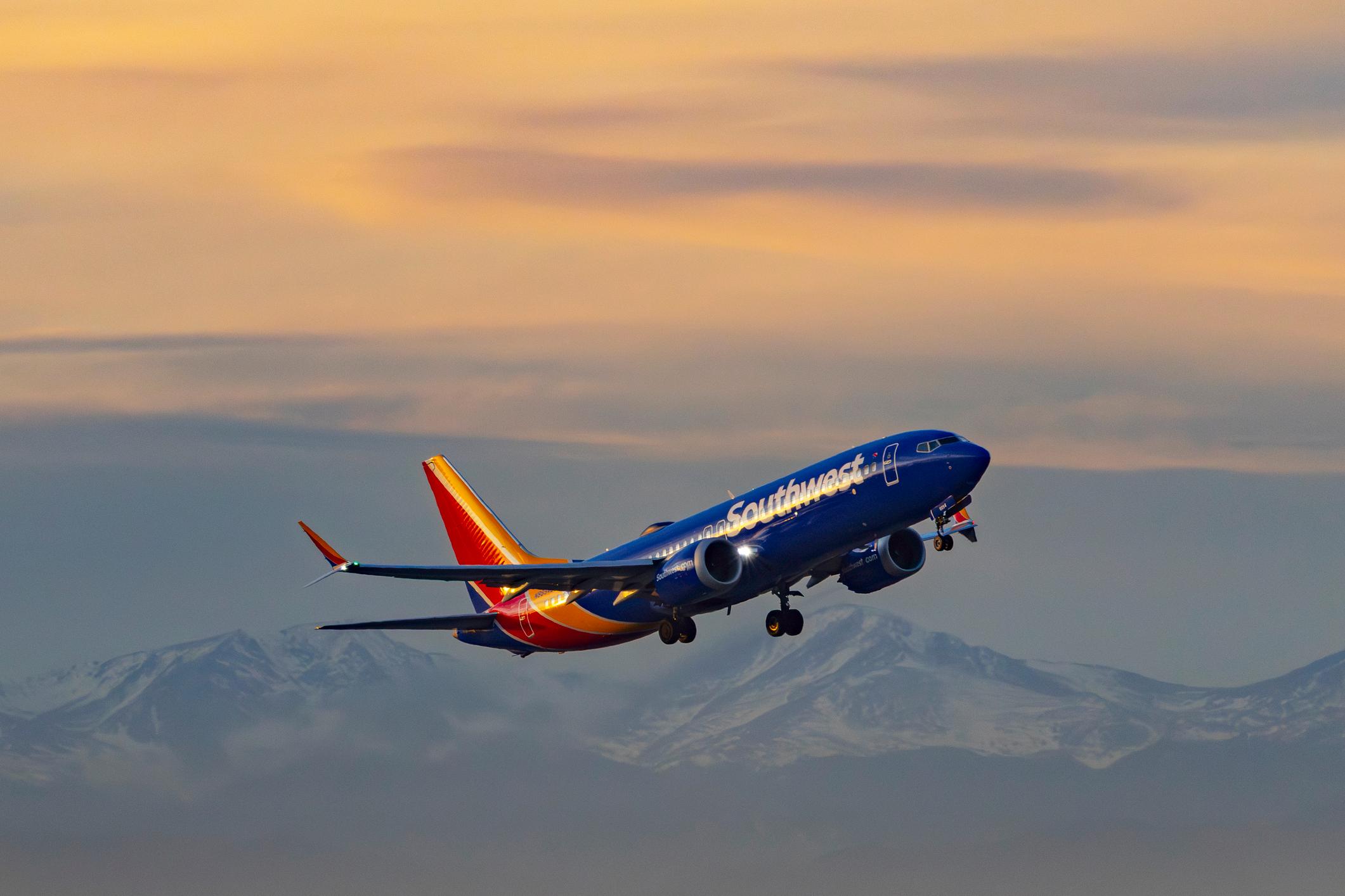 A Southwest Airlines 737 departs Denver International from runway 8.