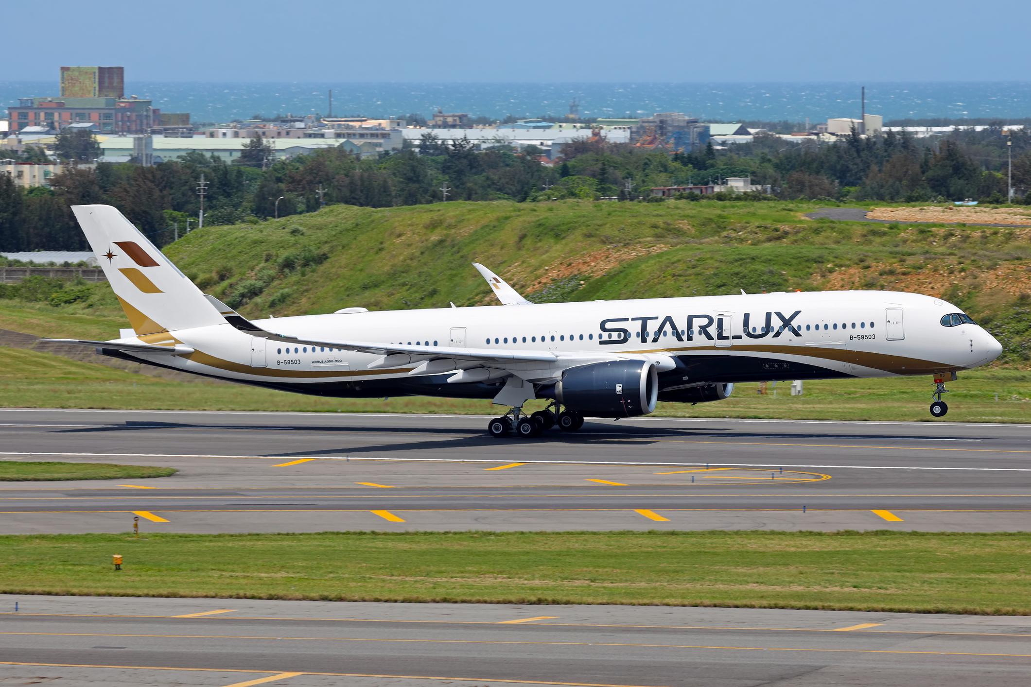 An Airbus A350-900 operated by Taiwanese airline Starlux Airlines in Taipei Taoyuan airport.
