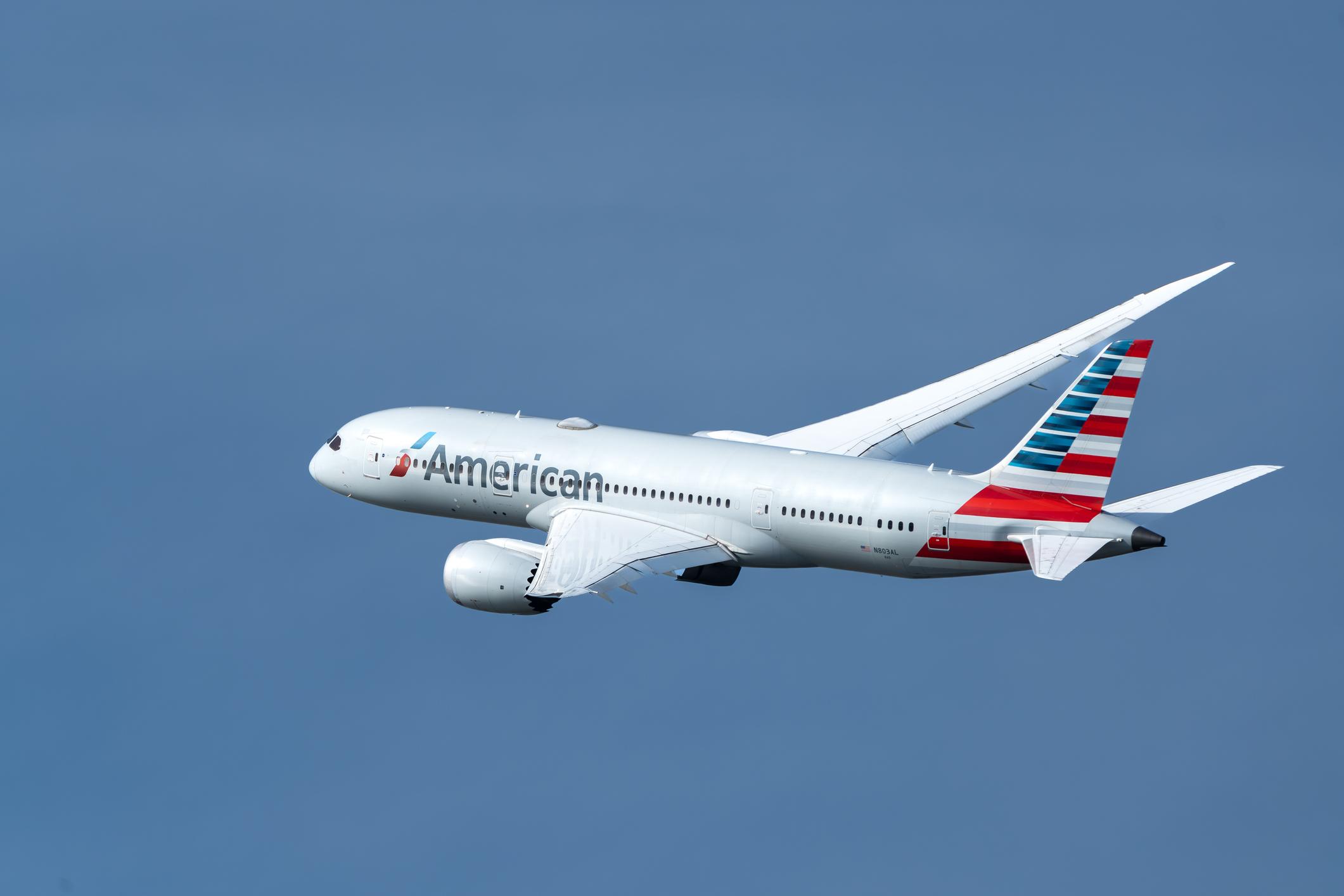 American Airlines passenger airliner departing for air travel and global business connectivity