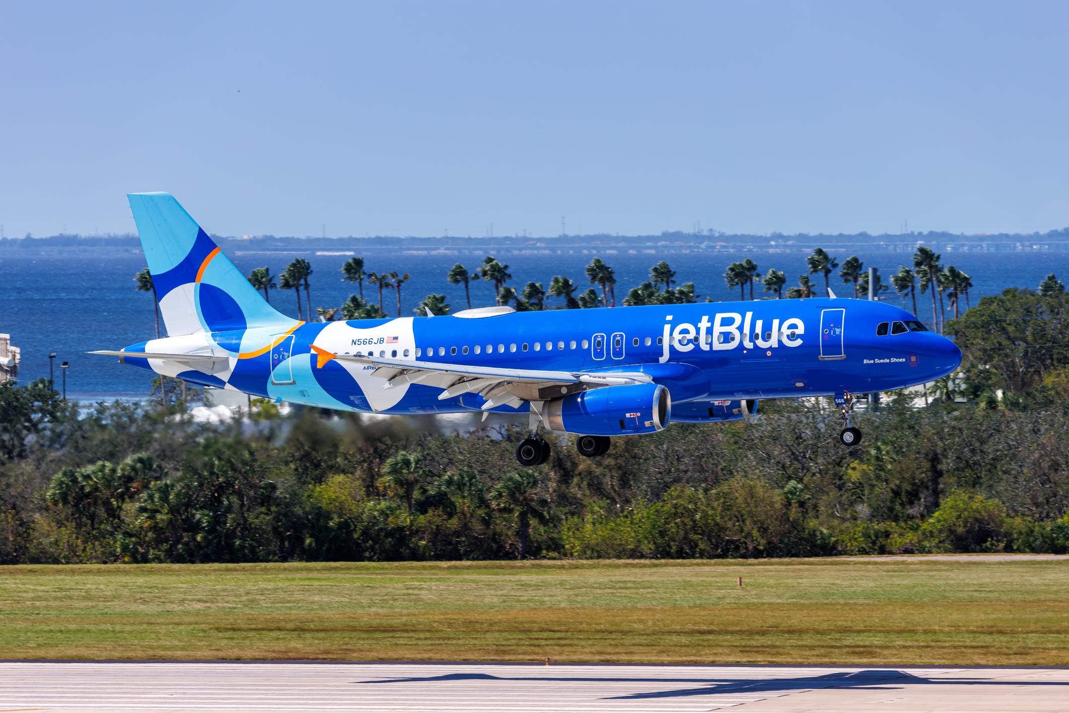 JetBlue Airways Airbus A320 airplane at Tampa Airport in the United States.